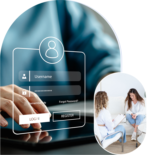 Digital login screen with two people talking.
