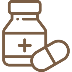 Medicine bottle and pill icon, outlined.